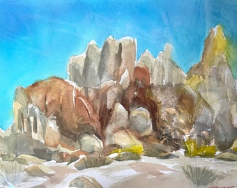 Movie Rocks formation in the Alabama Hills Original Matted Watercolor Painting