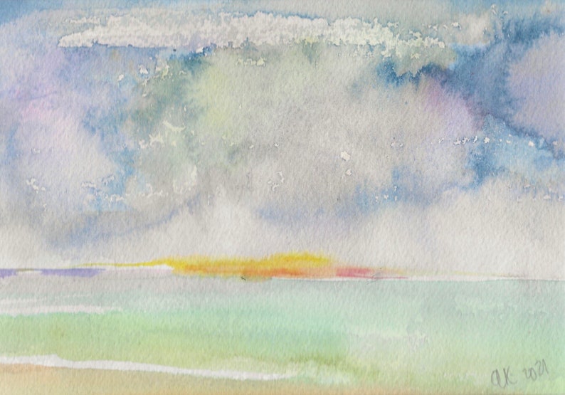 Catalina Sunset, Original Matted Abstract Watercolor Painting image 1