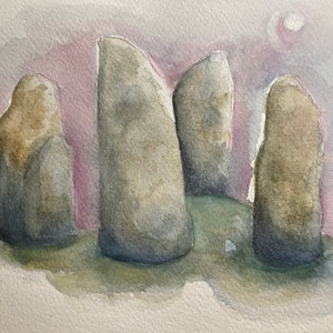 May include: Watercolor painting of five gray stone pillars standing in a field of green grass under a purple sky with a white moon.