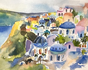 Santorini, Greece Colorful Matted Watercolor Print