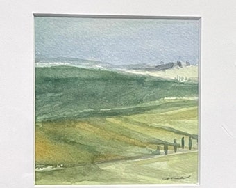 Tuscan Fields, Framed Original Watercolor Painting