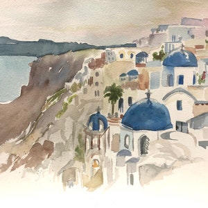 Santorini, Greece Matted Watercolor Print
