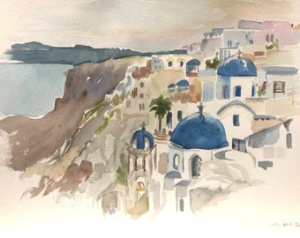 Santorini, Greece Matted Watercolor Print