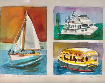 Seen on the Water, Newport. Watercolor Painting with Mat, Newport Beach, CA 2022