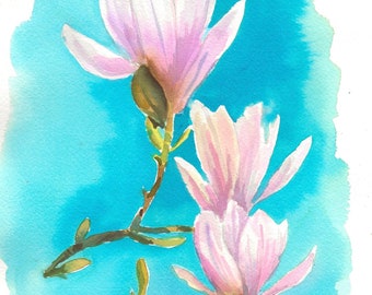 Pink Magnolia Trio, Original Matted Watercolor on Paper,  Long Beach, CA 2023