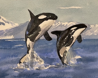 Playing Around, Two Orcas Original Matted Watercolor Painting Sea Life Ocean