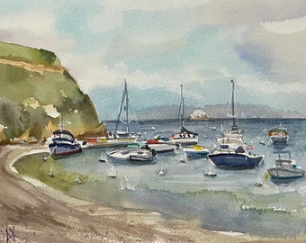 Isthmus Cove , Two Harbors Boats, Catalina Original Watercolor Seascape Painting, 2024