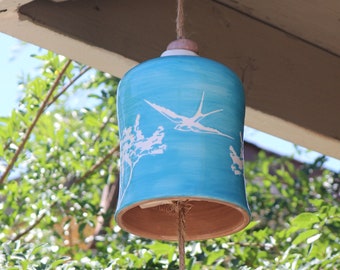 Swallow and tree wind chime in blue, tan and white, ceramic windchime, clay, pottery **MADE TO ORDER**