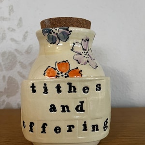 Custom Savings Jar: Tithes and Offerings with wildflower design Piggy Bank with Cork Top
