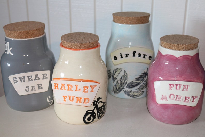 Money jar, piggy bank, customizable savings jars with cork top, any color, any saying, swear jar, MADE TO ORDER image 1