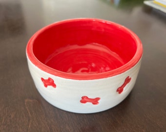 Bowl with heart prints in red and white, dog bowl, water bowl, cat bowl, feed, pet bowl made of clay, pottery, ceramic