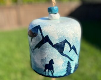 Mountain, pine trees, moose or horse silhouette ceramic wind chime, balayage pottery paint technique, teal, grey, black***MADE TO ORDER***