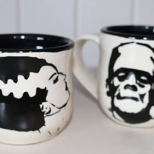 Frankenstein and bride of Frankenstein black and white handmade ceramic mug set of 2, **MADE TO ORDER**