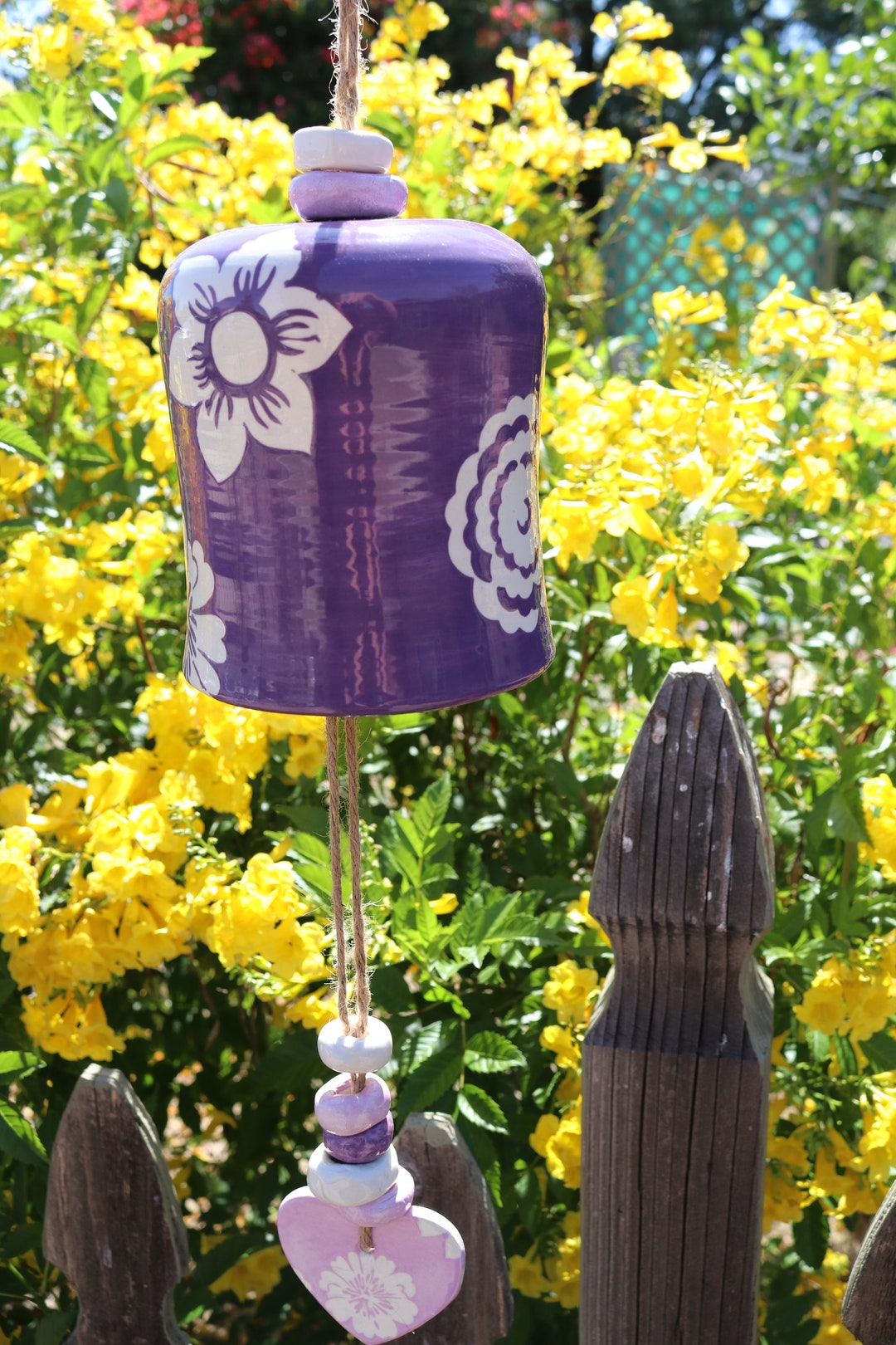 Flower Windchime in Purple and White, Ceramic Floral Wind Chime, Clay
