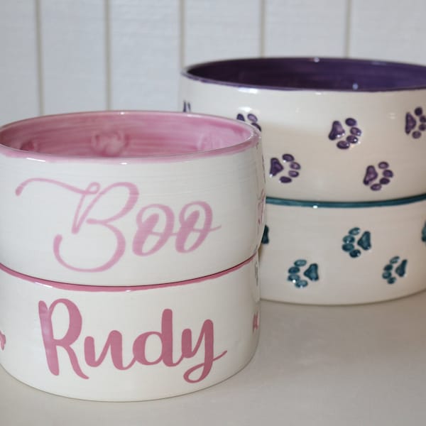 Personalized pet bowls in any color and multiple sizes, made of clay, ceramic, pottery, dog bowl, cat bowl, pet bowl **MADE TO ORDER**