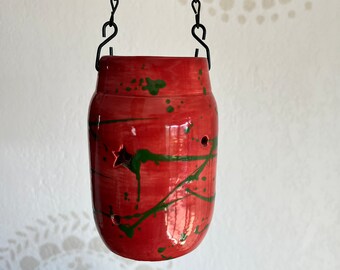 Red clay lantern with green splatters, comes with led light strand