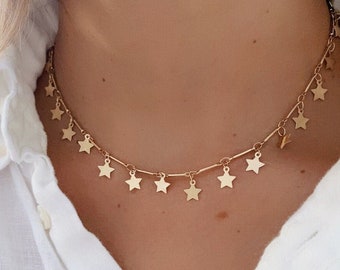 Multi Star Choker Necklace, Tiny Star Choker Gold