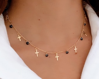 Gold Cross Choker Necklace, Multi Cross Necklace For Women, Dainty Cross Choker, Crystal Choker, Religious Necklace, Delicate Cross Necklace