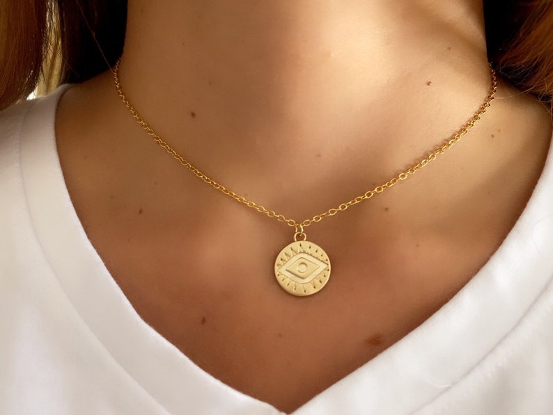 Gold Coin Necklace Layering Necklace Evil Eye Necklace Lucky Charm Necklace