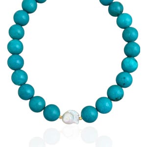 Turquoise Stone Necklace, Single Baroque Pearl Necklace, Statement Necklace, Summer Jewelry, 14mm Stone