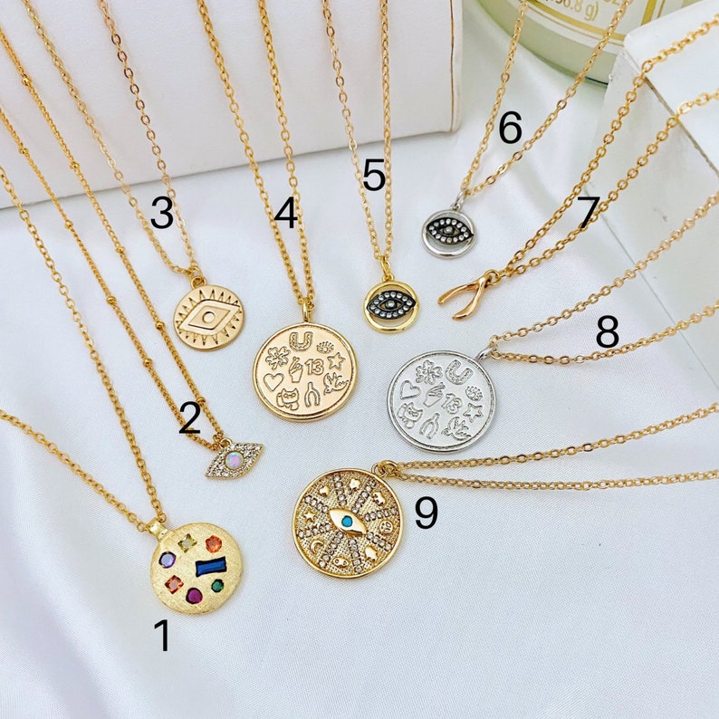 Gold Coin Necklace Layering Necklace Evil Eye Necklace Lucky Charm Necklace