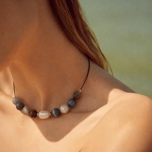 Mixed Gemstone and Freshwater Pearl Necklace with Adjustable Sliding Closure