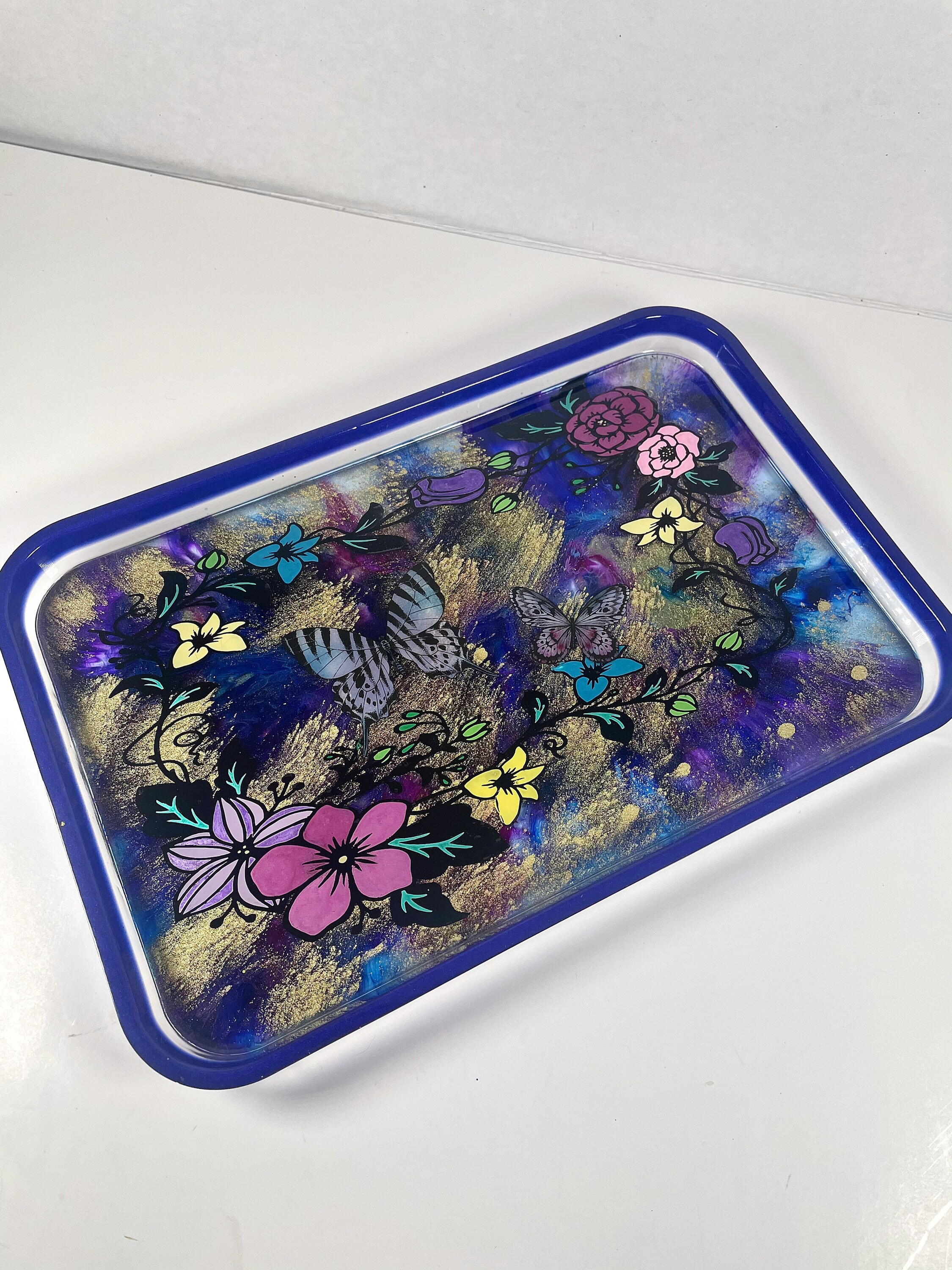 Floral Epoxy Resin Rolling Tray Butterfly and Flower Rolling Etsy