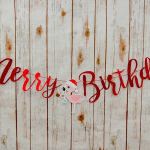 Merry Birthday Banner: Customize the Characters/Saying, Christmas in July Party Supplies, Surfing Santa Birthday Ideas | Fully Assembled