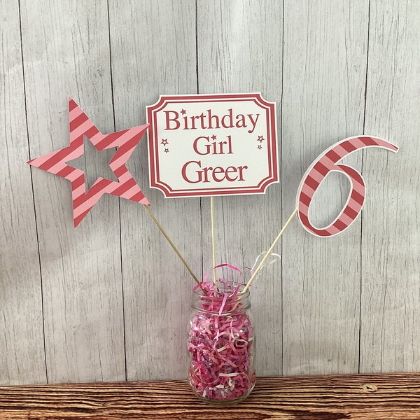Birthday Girl Centerpiece Sticks: Personalized American Party Decor, Pink and Red Theme, Star Photo Booth Props | Fully Assembled
