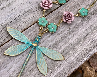 Whimsical Dragonfly Necklace and Earring Set, Metal Dragonfly Necklace, Teal Dragonfly Necklace with Earrings, Dragonfly and Flower Necklace