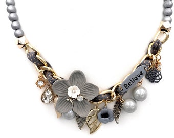 Gray statement charm bib necklace-believe 2