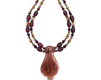 Purple leaf pendant with Gold dust and two strands of tibetan, lampwork and czech beads