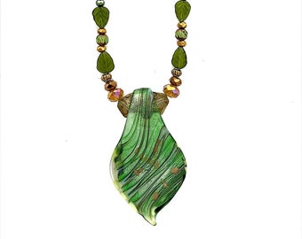 Leaf pendant, crystal beaded necklace
