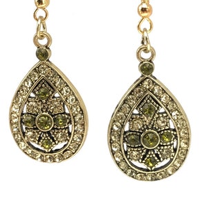 Vintage Crystal teardrop earrings, green and gold