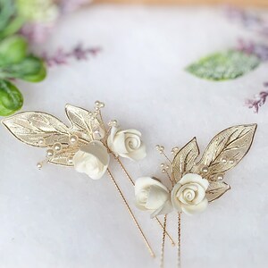 Gold bridal hair pins, bridal hair comb, bridal hair pins, wedding hair pins, gold floral hair pins, wedding flower hair comb, floral hair image 7