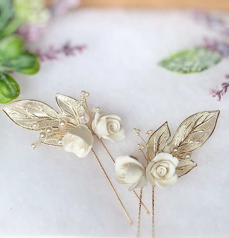 Gold bridal hair pins, bridal hair comb, bridal hair pins, wedding hair pins, gold floral hair pins, wedding flower hair comb, floral hair image 7