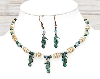 Shell choker necklace, seahorse necklace, beach jewelry, seashell necklace