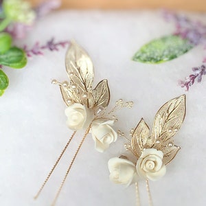 Gold bridal hair pins, bridal hair comb, bridal hair pins, wedding hair pins, gold floral hair pins, wedding flower hair comb, floral hair image 8