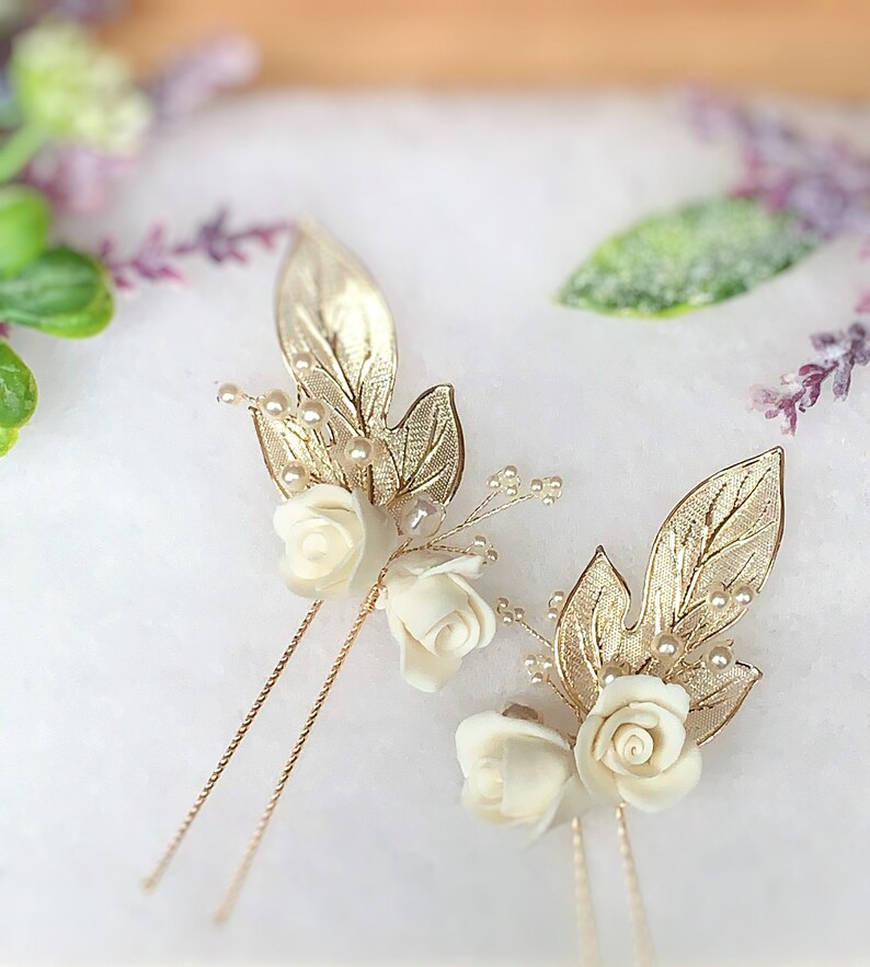 Gold bridal hair pins, bridal hair comb, bridal hair pins, wedding hair pins, gold floral hair pins, wedding flower hair comb, floral hair image 8