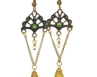 Vintage style bohemian, crystal, gold and metal dangle earrings