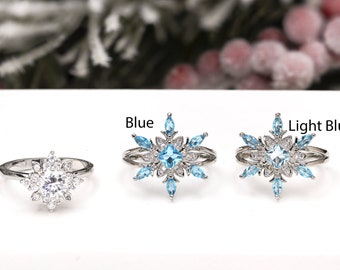 Sterling Silver Blue Crystal Snowflake ring, Snowflake ring, Christmas jewelry, Winter jewelry, Cubic Zirconia Ring