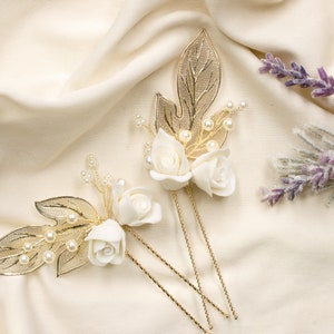 Gold bridal hair pins, bridal hair comb, bridal hair pins, wedding hair pins, gold floral hair pins, wedding flower hair comb, floral hair image 3
