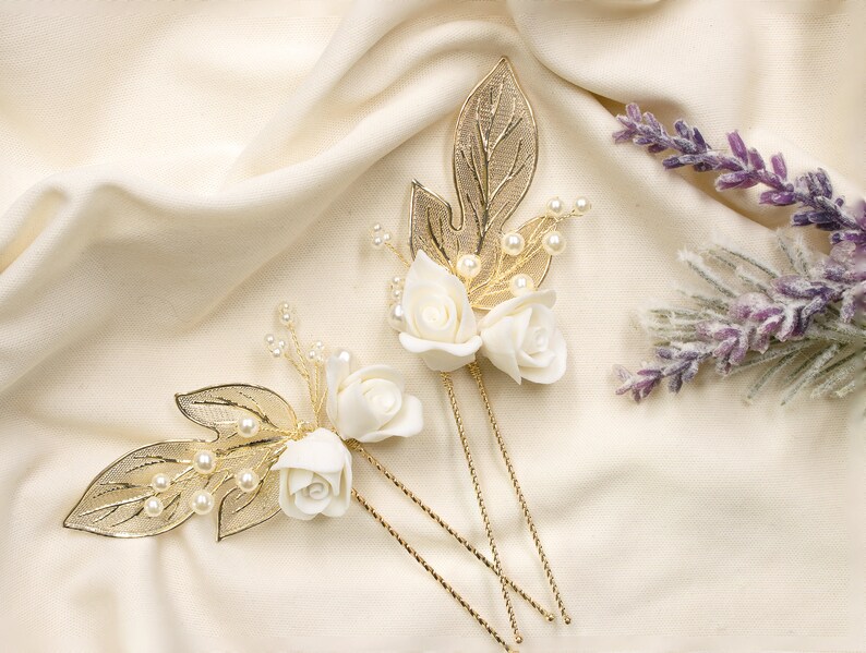 Gold bridal hair pins, bridal hair comb, bridal hair pins, wedding hair pins, gold floral hair pins, wedding flower hair comb, floral hair image 3