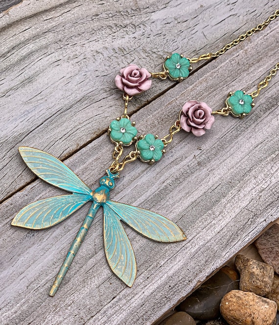 Whimsical Dragonfly Necklace and Earring Set Metal Dragonfly Necklace Teal Dragonfly Necklace with Earrings Dragonfly and Flower Necklace