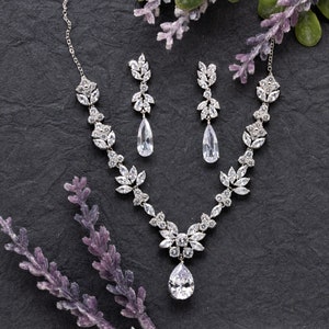 Elegant Silver Crystal Bridal Necklace Set, Rose Gold Crystal Bridal Jewelry Set, Bridal Necklace, Wedding Jewelry