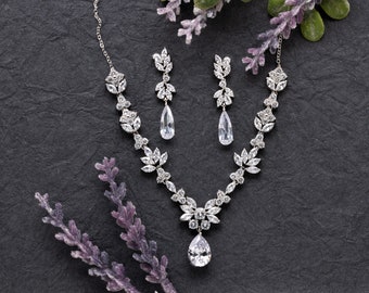 Elegant Silver Crystal Bridal Necklace Set, Rose Gold Crystal Bridal Jewelry Set, Bridal Necklace, Wedding Jewelry