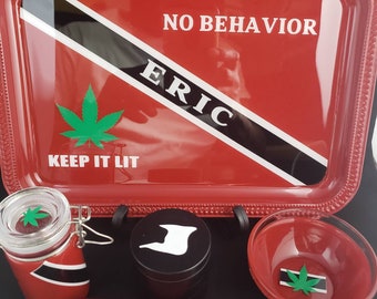 Trinidad No Behavior Custom Weed Rolling Tray set with grinder.