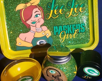 Green Bay Packers Custom Rolling Tray Set with grinder.