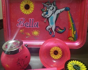 Unicorn sunflower Custom Rolling Tray set with grinder.