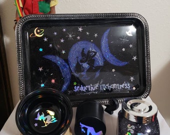 Seductive Enchantress Custom Weed Rolling Tray Set with grinder